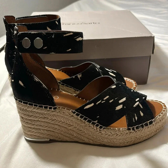 Franco Sarto Carma Black White Pony Calfhair Leather Wedge Sandals - Picture 4 of 13